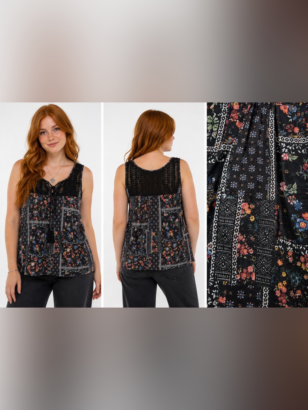 No boundaries womens sleeveless crochet neck knit floral black combo top